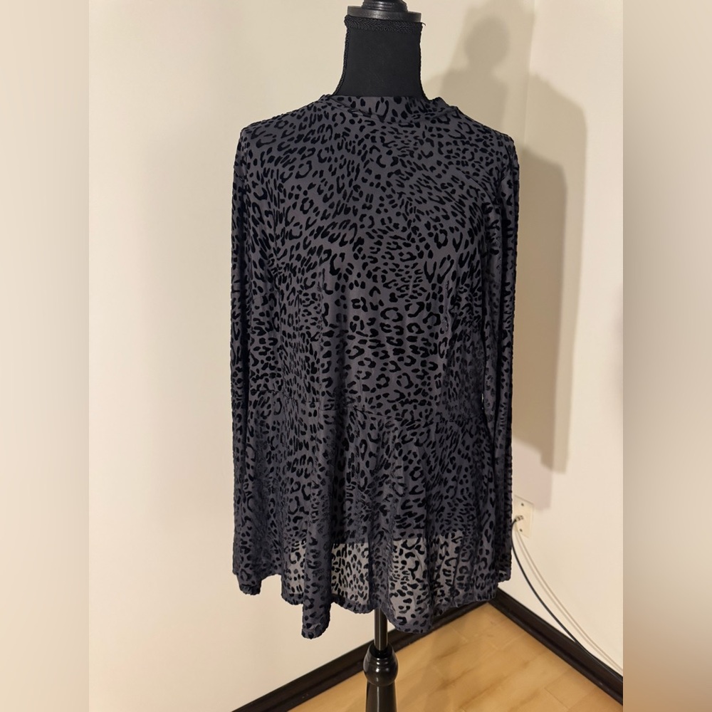 Sheer and Velvet Black Leopard Print Long Sleeve Top